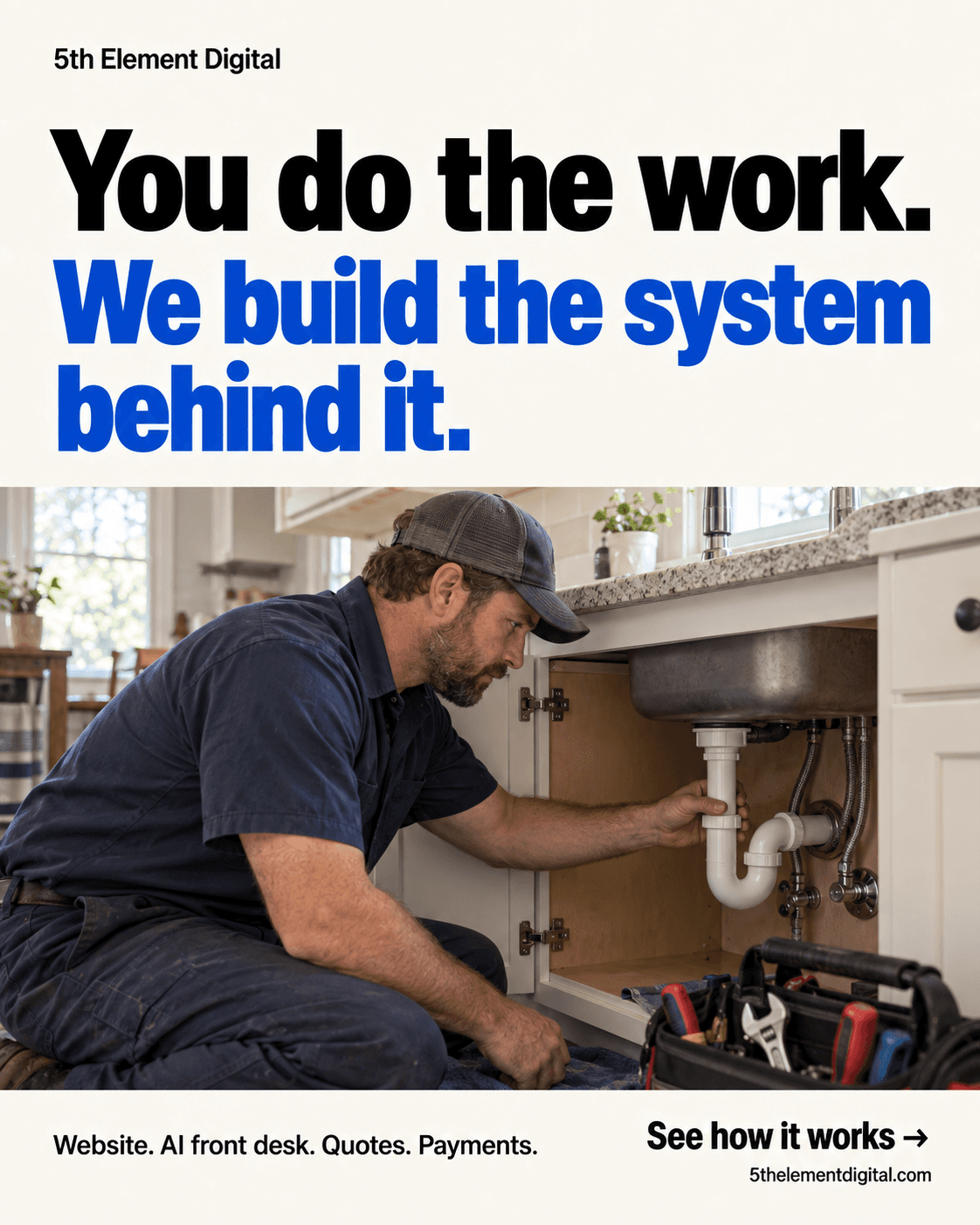 A plumber at work beneath a kitchen sink, from our trades campaign.