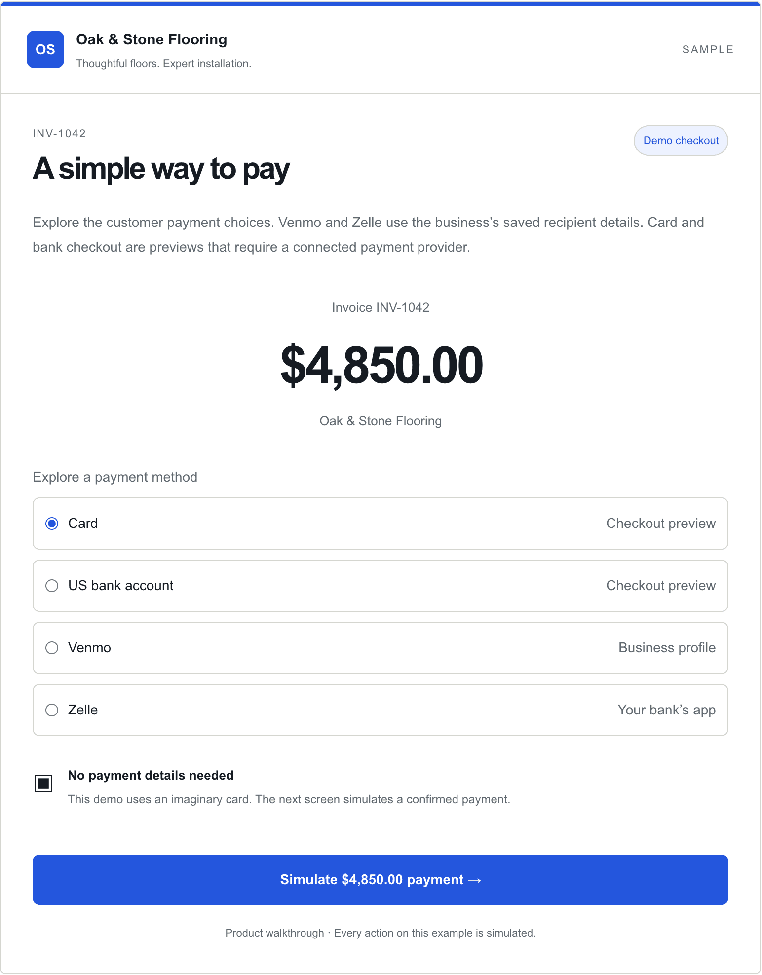 The payment page: the invoice amount and a choice of card, US bank account, Venmo or Zelle.