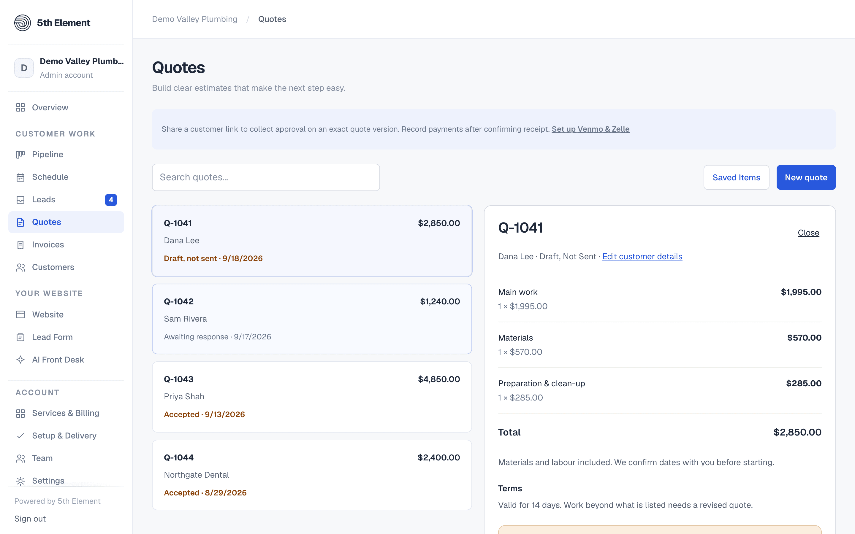 A draft quote with line items, a total, notes and terms, and the buttons to email it, preview the customer's view or make a link.