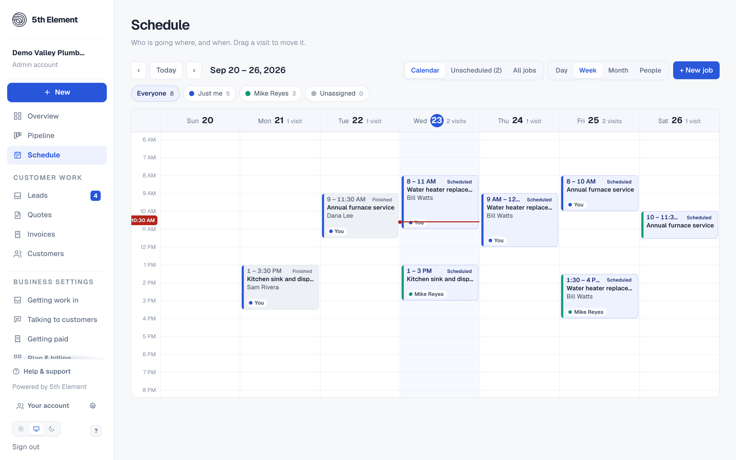 The week calendar with visits blocked out by time, each showing the job, the customer and who is assigned, with a filter for each crew member.