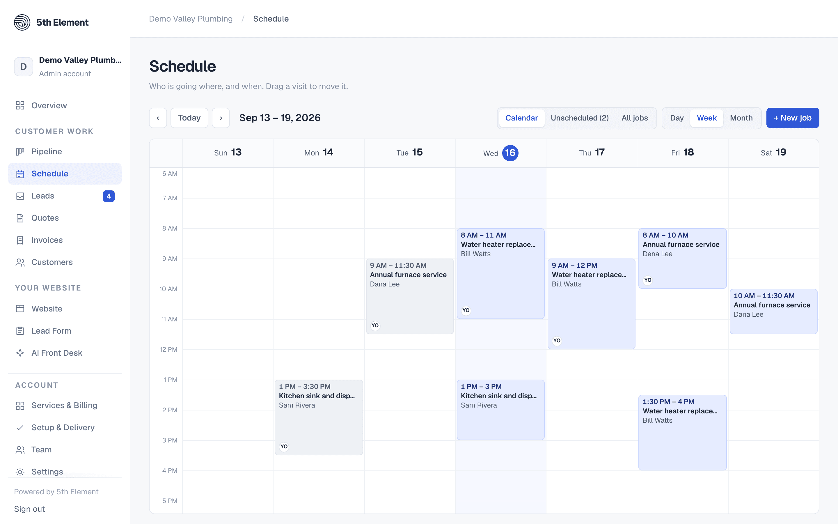 The week calendar with visits blocked out by time, each showing the job, the customer and the crew member's initials.