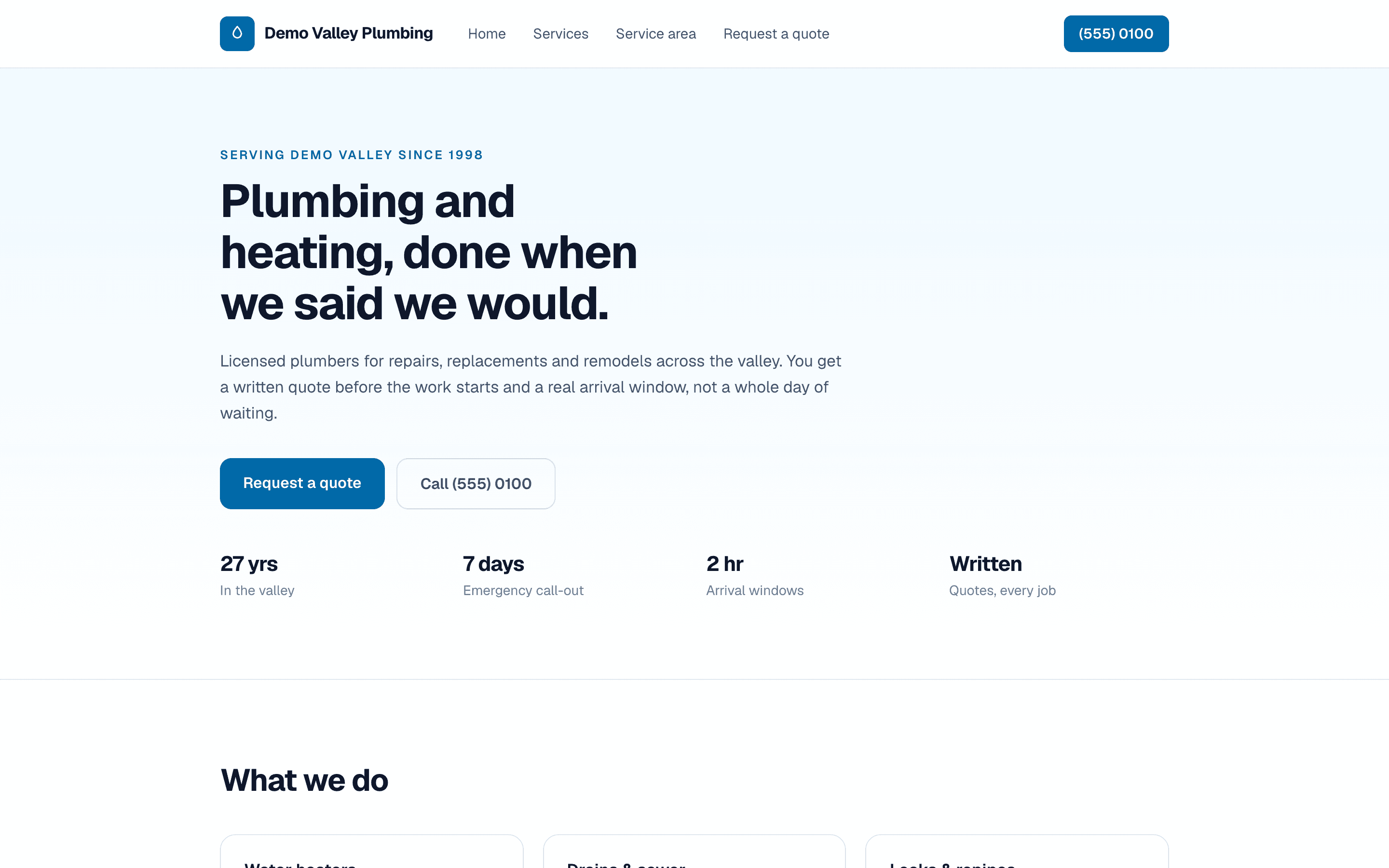 A custom website built for a plumbing and heating business, with a Request a quote button and a call button in the header.